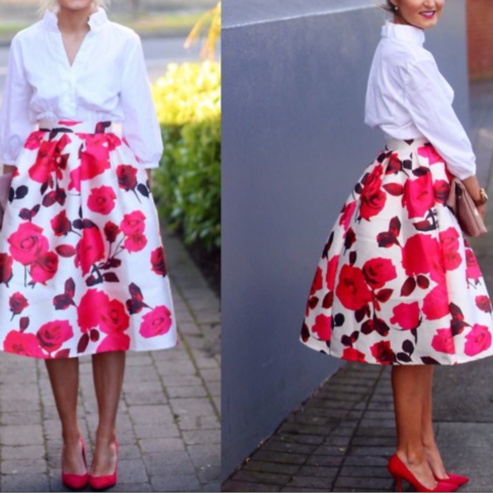 Chicwish pink white floral midi skirt